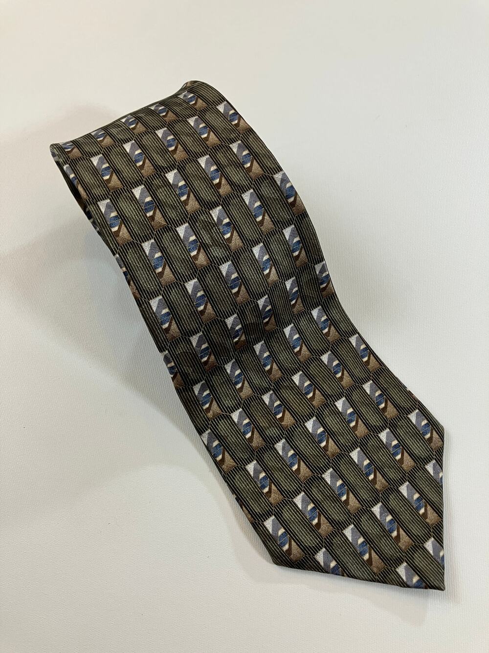 Vintage Arrow Silk Tie 58x4 Wide Geometric Olive Brown Blue Made USA Necktie